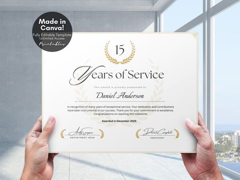 Editable Years of Service Award Certificate, Employee Work Anniversary Award, Certificate of Recognition Corporate Gift for Employees, Canva Service Award Certificate, Recognition Certificate, Certificate Of Recognition, Corporate Anniversary, Gift For Employees, Employee Recognition Awards, Employee Awards, Awards Certificates Template, Employee Retention