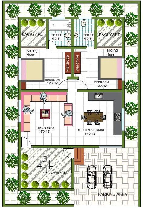 30' x 50' East Facing House Plan With Interior Design And Dimension detail in Dwg file. This file includes the detailed study of the house with living area, kitchen, and dining, 2 master bedrooms attached with toilet, lawn area, backyard, and car parking area. #cadbull #caddrawing #cadarchitecture #architecture #autocad #autocaddrawing #layoutplan #free #elevation #houeplan #interiordesign #livingarea #kitchen #dining #masterbedrooms #attachedtoilet #lawnarea #backyard #carparkingarea 30×50 House Design, House Car Parking Design, Courtyard Design Plan, Home Parking Area Ideas, Car Parking Design, 25×50 House Plan, Plot Design, East Facing House Plan, Autocad Plan