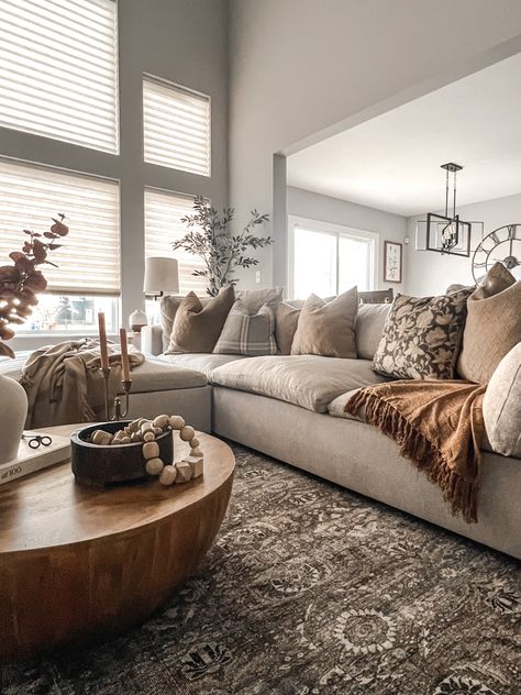 Grey Living Room Fall Decor, Loving Room Rug With Grey Couch, Grey And Neutral Rug, Organic Farmhouse Style Living Room, Black Brown And Neutral Living Room, Cream Taupe And Grey Living Room, Taupe Leather Couch Living Room Decor, Earthy Living Room Beige Couch, Rustic Living Room Grey Couch