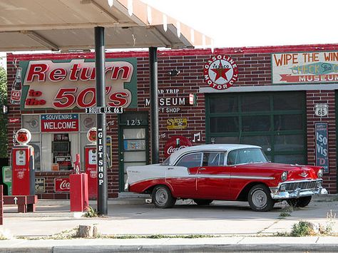 Route 66 1950s retro petrol gas station | AdinaZed | Flickr Retro Gas Station, Old Gas Pumps, Vintage Gas Pumps, Pompe A Essence, Station Service, 1950s Retro, Old Gas Stations, Old Country Stores, Historic Route 66