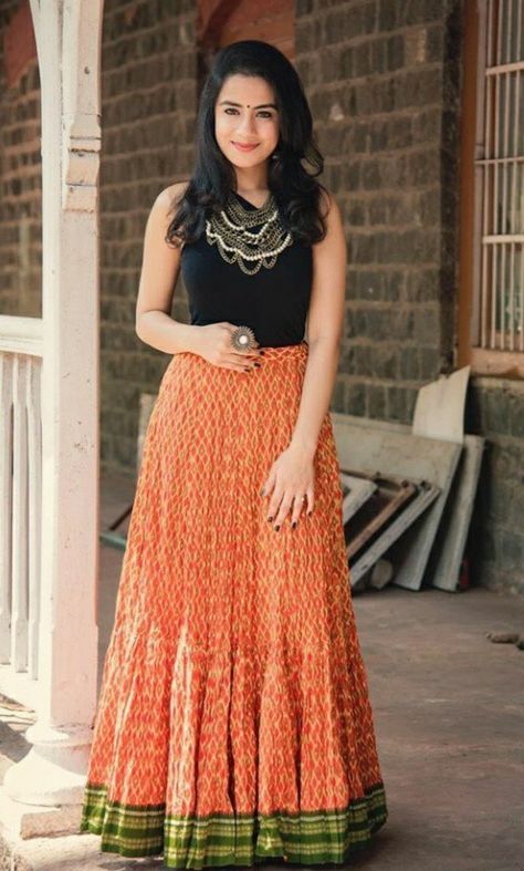 Long Skirts Indian Ethnic, Zen Closet, Skirt With Tank Top, Skirt Outfits Indian, Retro Theme Dress, Orange Long Skirt, Cotton Skirt Outfit, Cotton Suit Designs, Long Cotton Skirt