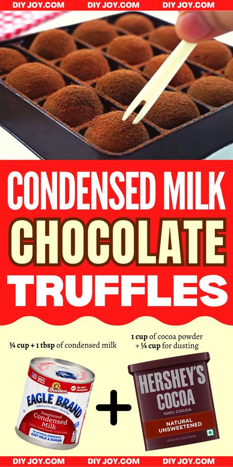 Easy 2-Ingredient Condensed Milk Chocolate Truffles Recipe 2 Ingredient Chocolate Truffles, Cocoa Powder Truffles, Two Ingredient Chocolate Truffles, Two Ingredient Truffles, 2 Ingredient Truffles, 2 Ingredient Fudge Condensed Milk, What To Make With Condensed Milk, Easy Condensed Milk Desserts, Condensed Milk Truffles