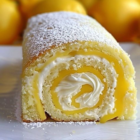 Lemon Cream Roll Cake Recipe: A Zesty Dessert Delight! Velvet Lemon Cream Roll Cake, Lemon Roulade Recipe, Lemon Cream Swiss Roll, Lemon Cake Roll Recipe, Swiss Cake Roll Recipe, Swiss Roll Cake Design, Lemon Roll Cake Recipe, Lemon Roll Cake, Lemon Roulade