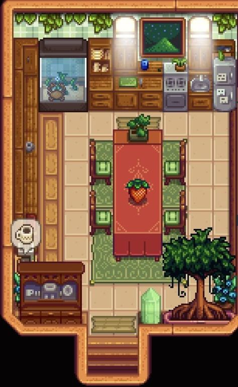 Stardew Farmhouse Design, Stardew Valley Fruit Trees Layout, Stardew Valley Dog Area, Stardew Valley Strawberry House, Stardew Valley Farmhouse Design, Stardew Valley Kitchen Design No Mods, Stardew House Color, Stardew Valley Greenhouse Design, House Decor Stardew Valley