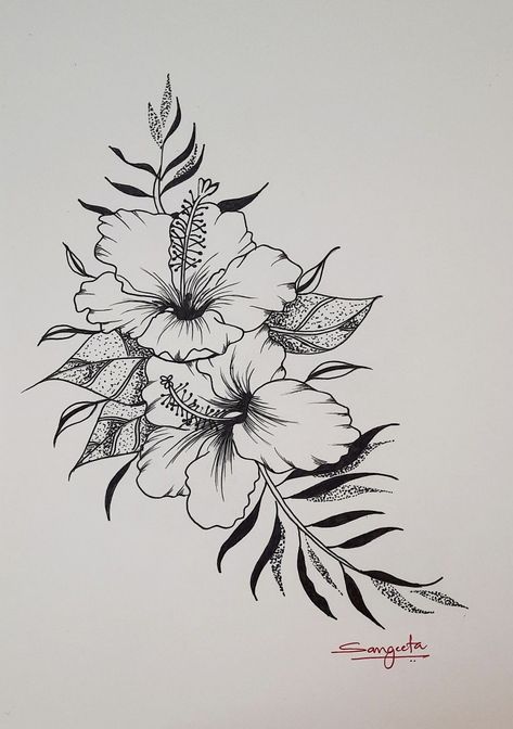 Hawaiian State Flower Tattoo, Hawaiian Lei Flowers Tattoo, Hibiscus Plant Drawing, Hawaiian Floral Tattoo Design, Unique Hibiscus Tattoo, Two Hibiscus Flowers Tattoo, Simple Hawaiian Flower Tattoo, Flower Hibiscus Tattoo, Hibiscus Branch Tattoo