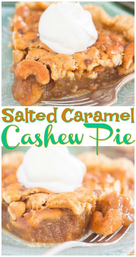 This Salted Caramel Cashew Pie features a thick layer of sweet, ooey-gooey caramel filling paired with toasty, buttery, salted cashews. #cashews #cashewpie #pie #thanksgiving #recipe #holidaypie #fallbaking #baking Cashew Pie Recipe, Salted Caramel Pie Recipe, Cashew Pie, Winter Pies, Cashew Cookies, Caramel Cashew, Salted Cashews, Cashew Recipes, Caramel Pie