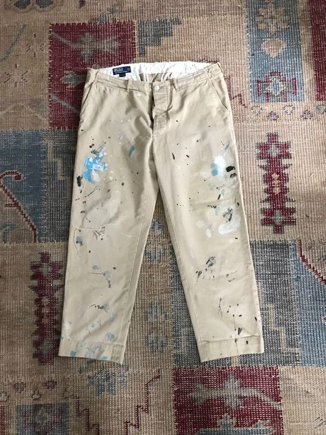 Paint Splatter Pants, Ralph Lauren Paint, Painter Pants, Boyfriend Pants, Painters Pants, Ralph Lauren Skirts, Portland Me, Khaki Chinos, Vintage Polo Ralph Lauren