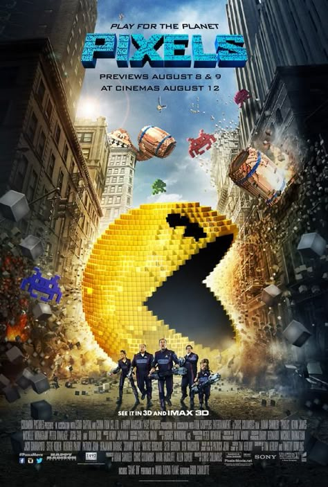 2015.  When aliens misinterpret video feeds of classic arcade games as a declaration of war, they attack the Earth in the form of the video games. Stars: Adam Sandler, Kevin James, Michelle Monaghan. Pixels Movie, Pixels Film, Tam Film, Chris Columbus, Kevin James, Michelle Monaghan, Film Horror, Ashley Benson, Adam Sandler