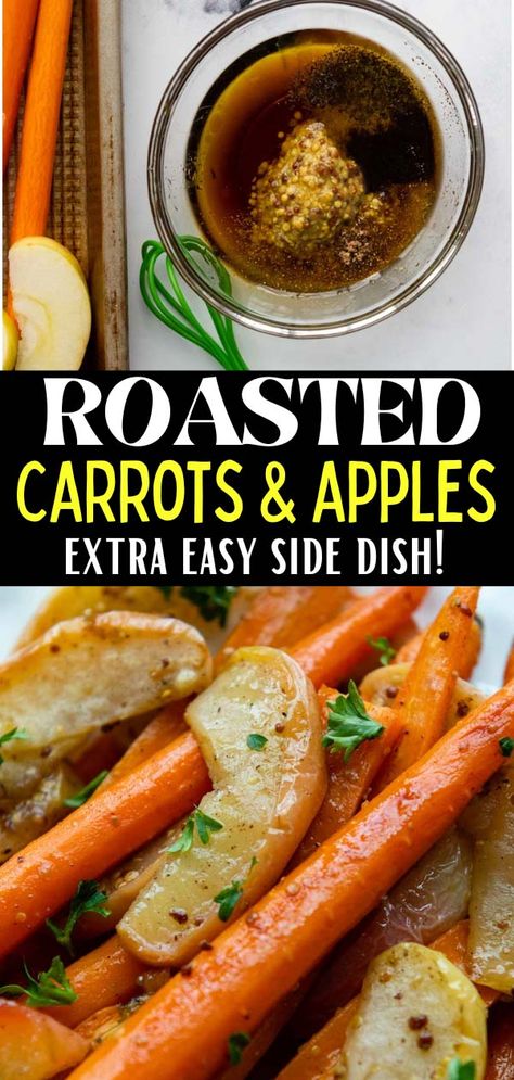 Looking for an easy carrot apple side dish recipe? These caramelized carrots and apples with a maple dijon mustard glaze is quick and simple for a weeknight dinner, but impressive enough for guests! Roasted Carrots And Apples, Carrots And Apples Recipe, Roasted Apples And Carrots, Carrot And Apple Recipes, Apple Sides For Pork, Carrots And Apples Side Dish, Best Carrot Side Dish Recipe, Carrot Apple Recipes, Apple Side Dish For Pork