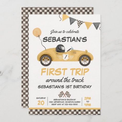 First Trip Around The Track Race Car 1st Birthday for $3.08 - Birthday Invitations Fast One Birthday Party, Yellow Race Car, Need Four Speed, Car 1st Birthday, Cars Birthday Invitations, Race Car Birthday Party, Race Car Party, Race Car Birthday, Car Birthday