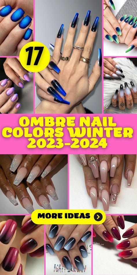 Street Chic: Ombre Nail Colors Ideas Winter 2023-2024: Embrace street chic vibes with ombre nail colors ideas for winter 2023-2024. These trendy nail designs featuring shades like blue, pink, and green are perfect for short nails. Try almond or stiletto shapes and experiment with acrylic or gel nails for a bold statement. Stay ahead of 2023 nail trends with these 35 trending ombre nail art designs. Ombre Nails Winter Color Trends, Nails For Jan 2024, Nails For Fall/winter, Ombre Nails Winter Colors, Hombre Nails Ombre Winter, Gel Nails Ideas 2024, Ombré Winter Nails, Winter Ombre Nails Acrylic, Hombre Blue Nails