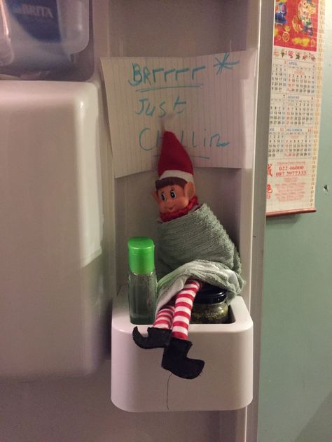 The elf needs to recharge in the fridge! Elf In The Fridge Shelf Ideas, Fridge Ideas, Elf Ideas Easy, Fridge Shelves, Elf Ideas, Easy Ideas, Water Dispenser, Shelf Ideas, On The Shelf