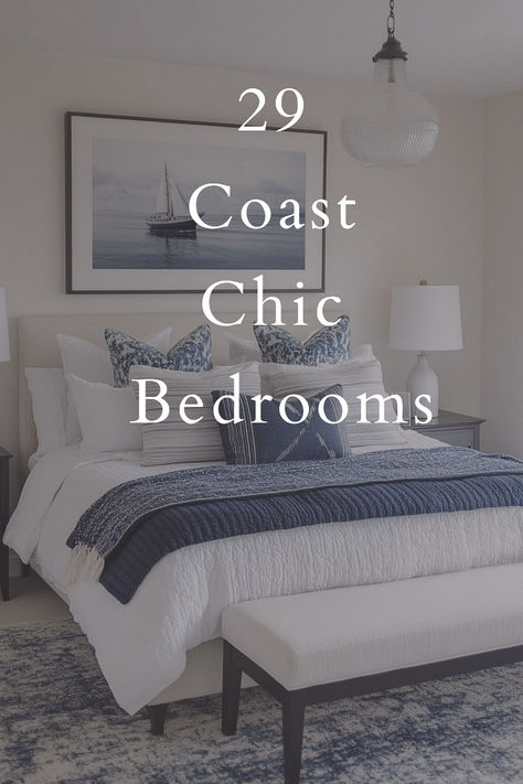 Turn your bedroom into a serene coastal retreat with these 29 coast chic ideas! From luxurious linens and soft blues to nautical touches and natural textures, these designs add both elegance and tranquility to your space. Perfect for a peaceful, stylish escape! 🌴💖 #CoastalChic #BedroomIdeas Beach Guest Bedroom Ideas, Navy Beach Aesthetic, Modern Costal Bedroom Design, Modern Beach House Decor Master Bedrooms, Lake House Guest Bedroom Ideas, Seaside House Decor, Modern Coastal Bedroom Mood Board, Cape Cod Upstairs Bedroom Master Suite, Modern Costal Bedroom Idea