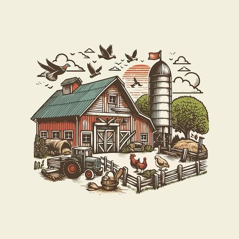 Rustic Farm Life A HandDrawn Retro Illustration Cozy Cartoon, Sublimation Images, Procreate Art, Farm Logo, Retro Illustration, Farm Life, Art Sketchbook, Easy Drawings, Premium Vector