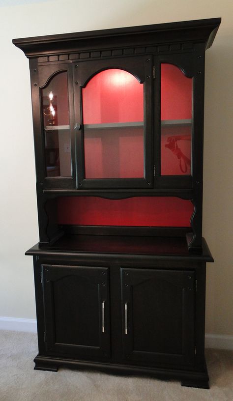 Refinished Hutch, Red Hutch, Gothic Dining Room, China Cabinet Makeover, Black Painted Furniture, Painted Hutch, Red And White Kitchen, Red Dining Room, Red Furniture