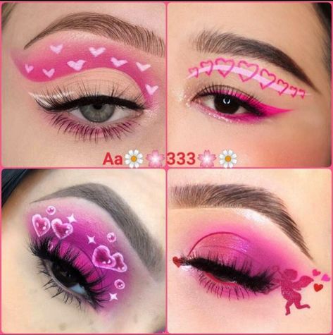 Eye makeup/valentine's day makeup Heart Inspired Makeup, Valentines Day Makeup Looks Creative, Alt Valentines Makeup, Cute Valentines Makeup Ideas, Valentines Eyeshadow Look, Vday Makeup Looks, Glam Aesthetic Makeup, Anti Valentines Day Makeup, Valentines Day Eye Makeup