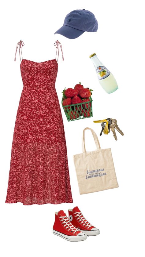 Strawberry Field Outfit, Trendy Summer Dresses 2024, Casual Strawberry Print Dress For Vacation, Cute Strawberry Picking Outfits, Strawberry Fields Forever Aesthetic, Casual Beach Dress With Strawberry Print, Summer Beach Dress With Strawberry Print, Strawberry Picking Outfit, Strawberry Outfit