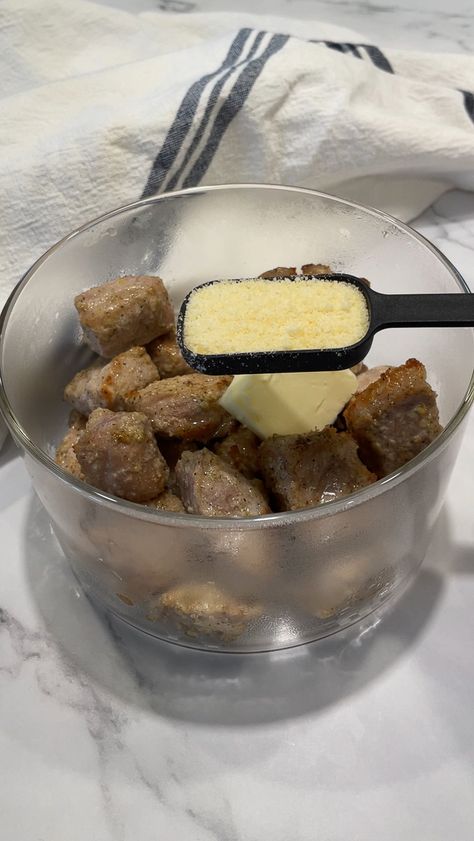 Garlic Parmesan Pork Bites-4 Garlic Parmesan Pork Chop Bites Air Fryer, Pork Chop Bites Air Fryer, Garlic Pork Bites, Pork Chop Bites, Pork Bites, Parmesan Pork Chops, Olive Oil Butter, Marinated Pork, Pork Chop