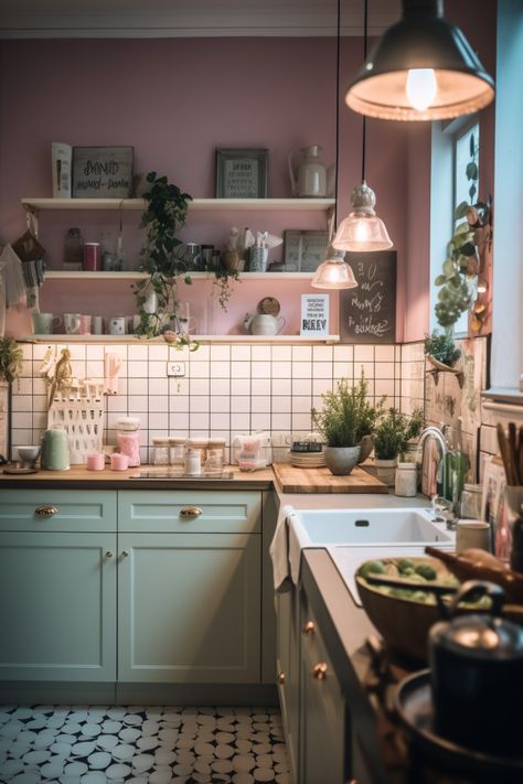 Colorful Kitchen And Living Room, Kitchen Design Colourful, Aesthetic Pastel Kitchen, Small Colourful Apartment, Quirky Home Interior, Colorful Interiors Kitchen, Kitchen Inspo Colorful, Colorful Maximalist Decor Kitchen, Retro Apartment Kitchen