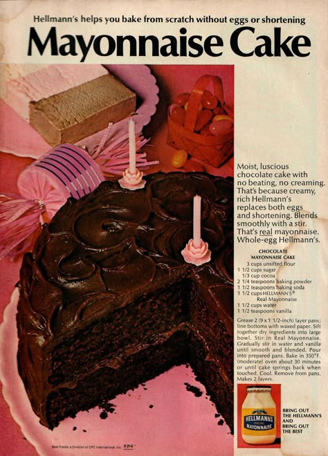 Vintage advertisement recipe for Hellmann's Mayonnaise Chocolate-Mayonnaise Cake that appeared in the November 1970 edition of Good Housekeeping. "A moist, luscious chocolate cake with no creaming. That's because Hellmann's replaces both eggs and shortening. Blends smoothly with a stir. That's real mayonnaise. Whole-egg Hellmann's." #ChocolateMayonnaiseCake #MayonnaiseCake #Mayonnaise #Cake #Chocolate #Hellmanns #VintageRecipes #Recipe #Vintage #GoodHousekeeping #November1970 Hellmans Mayonnaise Cake, Chocolate Cake Made With Mayonnaise, Chocolate Cake With Mayonnaise Recipe, Hellmans Chocolate Mayonnaise Cake, Mayo Chocolate Cake Recipe, Vintage Chocolate Cake, Chocolate Mayonnaise Cake Recipe, Vintage Cake Recipes, Mayonnaise Cake Recipe