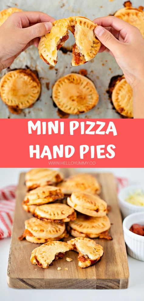 Mini Pizza Hand Pie Recipe. Easy kids dinner or snack. These savory pocket pies are made with just 4 ingredients #helloyummy Hand Pie Pocket Maker Recipes, Hand Pies With Biscuit Dough, Pillsbury Mini Pie Crust Recipes Savory, Pampered Chef Hand Pie And Pocket Maker, Pampered Chef Hand Pie And Pocket Maker Recipes, Snacks With Pie Crust, Mini Pie Crust Ideas Savory, Pampered Chef Hand Pies Recipes, Pampered Chef Hand Pie Maker Recipes