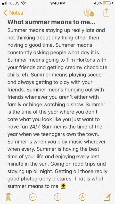 What summer means to me 🌻🌞 Dear Summer Me, Summer Feeling Quotes, Summer Thoughts, Summer Notes, Summer Text, Summer Road Trip Essentials, Iphone Notes, Summer Checklist, Summer Things