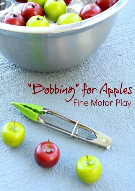 "Bobbing" for Apples fine motor play fall activity for kids #preschool #kindergarten #fallactivities #appletheme #finemotor #finemotorskills #sensoryplay Fall Activity For Kids, Fine Motor Play, Preschool Apple Theme, Fall Activities For Toddlers, Apple Lessons, Apple Preschool, Bobbing For Apples, Apple Unit, Fall Activity