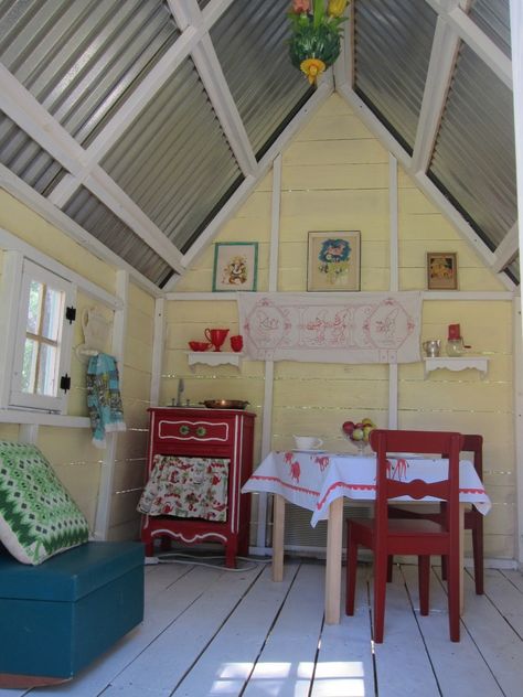 I have to do the inside of daughters playhouse this spring. Love this.. Bamboo Ceilings, Cubby House Ideas, Playhouse Interior, Playhouse Decor, Corrugated Roof, Girls Playhouse, House Interior Ideas, Sunroom Ideas, Build A Playhouse