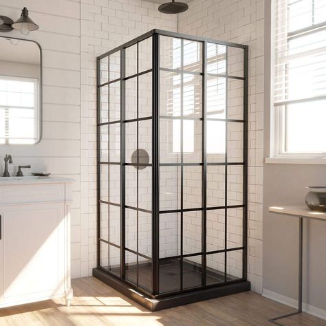 French Glass Shower Doors, Unique Shower Doors Glass, Black Framed Shower Enclosure, Small Shower Designs Walk In, French Shower Bathroom, Semi Frameless Shower Door, Shower Enclosure Ideas Small Bathrooms, Small Shower Door Ideas, Small Corner Shower Ideas