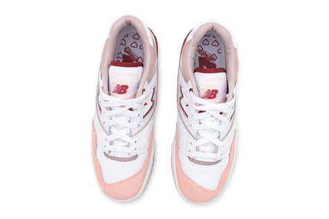 Hearts Hit the New Balance 550 in "White Scarlet" New Balance 550 Valentines Day, New Balance 550 White Scarlet, White And Pink New Balance Shoes, New Balance 550 White Orange, New Balance Pink Lace-up Sneakers, Pink New Balance, New Balance 550 White, Sneakers Art, Heart Graphics