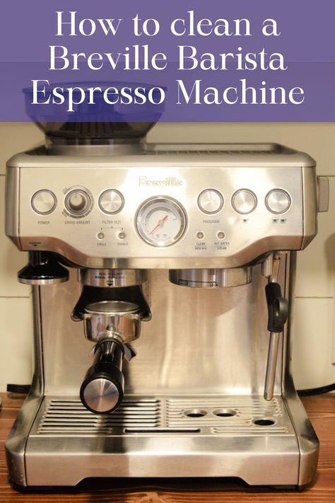 A clean Breville Barista Espresso Machine on a brown wood countertop next to a tower of coffee mugs, and a coffee bean grinder. Breville Espresso Machine Station, Breville Coffee Machine, Breville Espresso Machine, Breville Espresso, Breville Barista Express, Home Espresso Machine, Coffee Barista, Breakfast Coffee, Cleaning Tablets