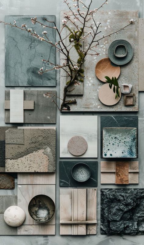 Japandi Material Board, Material Palette Mood Boards, Japandi Colour Palette, Scandinavian Moodboard, Coastal Japandi, Blue Japandi, Japandi Interiors Moodboard, Japandi Moodboard, Wabi Sabi Color