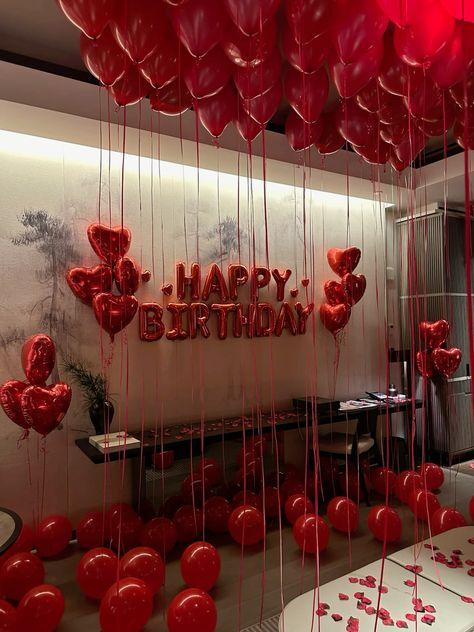 Birthday Floor Decoration, Red Birthday Decorations For Him, Aesthetic Red Birthday Cake, Sweet Sixteen Red Theme, Ballon Party Ideas, Red Ballons Decorations, Red And Silver Party Decor, Wine Red Birthday Theme, Red Bday Theme