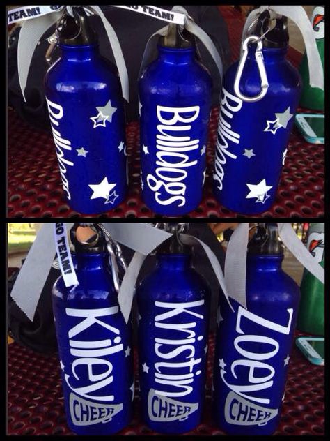 Our cute cheer water bottles bought from Esty.com Cheer Water Bottles Ideas, Cheer Cups, Cheer Water Bottles, Cheer Swag, Poms Dance, Cheer Crafts, Basketball Water Bottles, Football Water Bottles, Cheer Squad Gifts