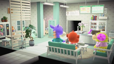 Acnh Hospital Waiting Room, Acnh Hospital Ideas Waiting Room, Animal Crossing Hospital Ideas, Acnh Hhp Hospital Design, Acnh Hospital Ideas, Animal Crossing Hospital, Hospital Waiting Room, Waiting Room Design, Five Little Monkeys