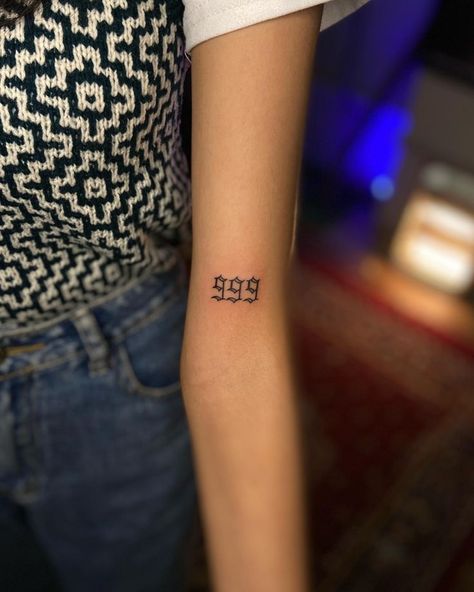 999 - As a spiritual symbol, the angelic number 999 is associated with wisdom and maturity. At a time when you have the ability to achieve your goals, it shows up.  

Tattoo by- Rahul Baarve @rahulbaarve  At Tattoo Uddhyog, Bhopal, Central India 

If you are looking for customised and original artwork then follow @tattoouddhyog  and get new designs and concepts.

For Appointments- 
DM us @rahulbaarve  @tattoouddhyog 
tattoouddhyog@mail.com
www.tattoouddhyog.com Angel Numbers 999 Tattoo, 999 Angel Number Tattoo Ideas, 999 Tatoos, Achievement Tattoo, Tattoo Kids Ideas For Moms, 999 Angel Number Tattoo, 999 Tattoo Ideas, 999 Tattoo Design, Number Fonts Tattoo