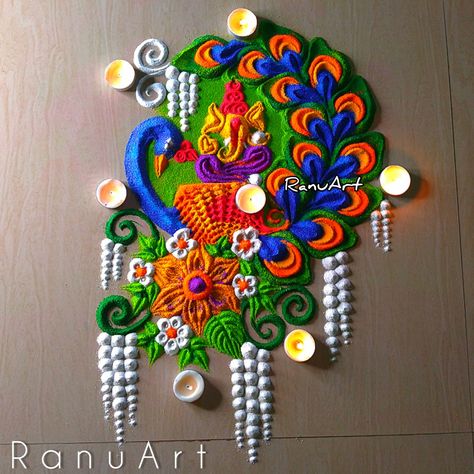 Beautiful Rangoli For Diwali, Poster Rangoli Designs For Competition, Unique Rangoli Designs Beautiful, Ganesha Rangoli Design, Easy Peacock Rangoli, 3d Rangoli, Ganesha Rangoli, Rangoli Designs For Competition, Poster Rangoli