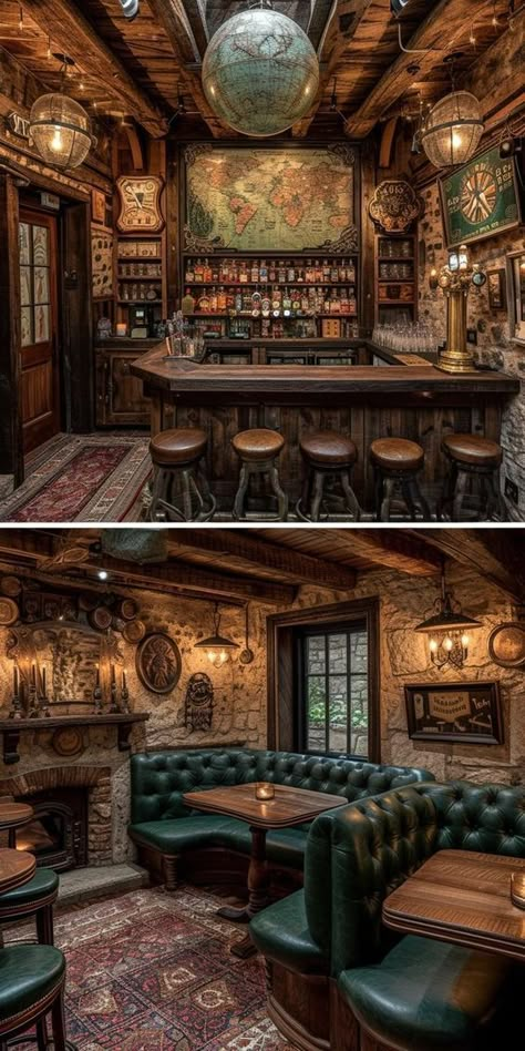 English Pub Interior, English Pub Decor, Speakeasy Decor Bar, Cigars And Bourbon, Steampunk Bar, Tavern Decor, Mind Magic, Garage Pub, Speakeasy Decor