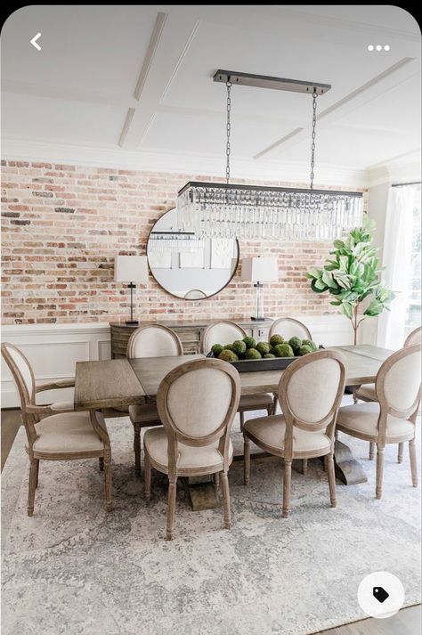 Dining Room Decor Modern Contemporary, Beige Living And Dining Room, Dining Chairs Modern Farmhouse, Dining Room Furniture Farmhouse, Modern Farmhouse Kitchen Table And Chairs, Dining Room With Brick Wall, Dining Room Inspo Farmhouse, Modern Farmhouse Kitchen And Dining Room, Formal Dining Room Curtains Ideas