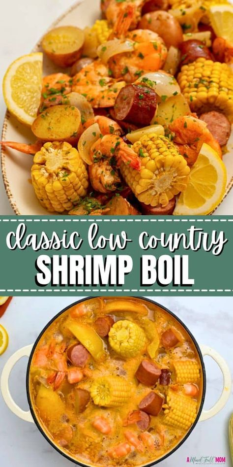 Made with fresh shrimp, tender potatoes, sweet corn, and smoked sausage in a perfectly seasoned broth, this shrimp boil recipe is one of the easiest, yet tastiest recipes to make! Low Country Boil Seasoning Recipe, Shrimp Sausage Potato Corn Boil, Easy Low Country Boil Recipe, Lowcountry Boil Recipe, Low Boil Recipe, Shrimp Boil With Eggs, Best Low Country Boil Recipe, Low Country Boil Recipe Old Bay, Shrimp Boil Recipe Stovetop