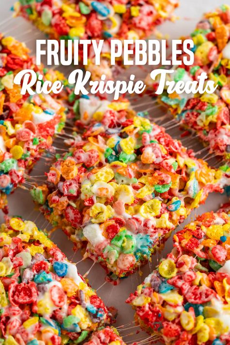 Square bright colorful Fruity Pebbles Rice Krispie Treats squares being stretched apart from each other with marshmallow pulling from each piece to the others. Fruity Pebbles Rice Krispie Treats, Best Fruity Pebbles Rice Crispy Treats, Fruity Pebbles Cereal Bars, Fruity Pebble Rice Krispie Treats, How To Make Fruity Pebble Rice Krispies, Oven Rice Krispie Treats, Fruity Pebble Rice Crispy Treats, Fruity Pepples Rice Krispies Recipe, Fruity Pebbles Bread