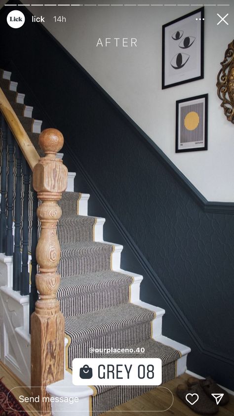 Narrow Stairwell Decor, Hall Panelling, Staircase Banister Ideas, Hallway Renovation, Stairs And Hallway Ideas, Entrance Hall Decor, Victorian Hallway, Hallway Makeover, Black Stairs