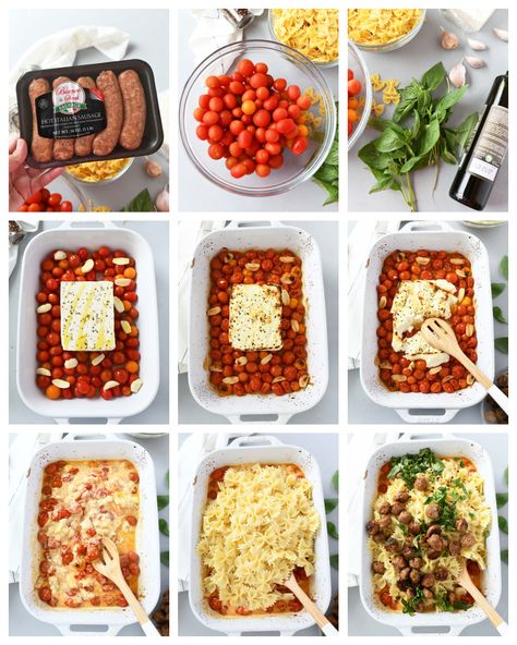 Feta Tomato Pasta With Sausage, Feta Pasta With Sausage, Feta Sausage Pasta, Sausage Link Recipes, Feta Pasta Bake, Feta Tomato Pasta, Baked Feta Cheese, Baked Italian Sausage, Student Meals