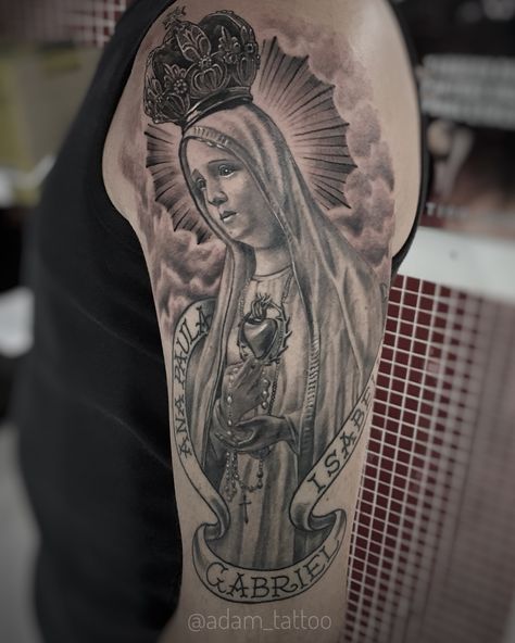 Our lady Fatima tattoo Lady Of Fatima Tattoo, Our Lady Of Fatima Tattoo, Our Lady Fatima, Fatima Tattoo, Mary Tattoos, Lady Fatima, Mother Mary Tattoos, Portrait Tattoo Sleeve, Lady Tattoo