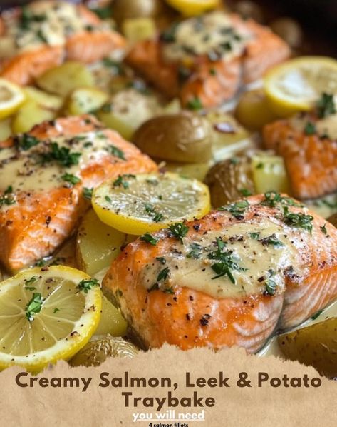 Sausage And Leeks Recipe, Salmon And Potato Recipes, Leek Salmon, Potatoes And Leeks, Leek Tart, Leek Potato, Creamy Salmon, Pesto Salmon, Salmon Potato