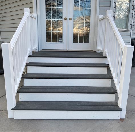 Porch Stairs Wood, Composite Front Stairs, White Wood Front Porch, Handrails For Outdoor Steps, Easy Front Steps Ideas, Trek Deck Steps, Composite Decking Steps Ideas, Outdoor Landing And Steps, Composite Deck Over Concrete Porch