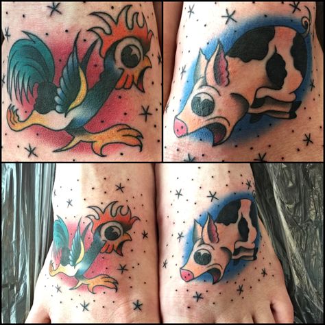 Sailor Jerry Rooster & Pig - On Both Feet, by Jelly Pig And Rooster Tattoo, Art Vandelay, Nautical Tattoos, Sailor Jerry Flash, Chicken Tattoo, Rooster Tattoo, Pig Tattoo, Filler Ideas, Sailor Tattoos