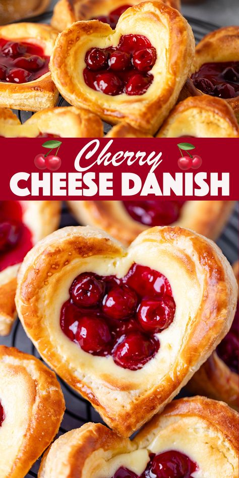 Cherry Cheese Danish - buttery puff pastry filled with a creamy cream cheese mixture and topped with a sweet and tart cherry pie filling. Cherry Pie Filling Danish, Fun Pastry Recipes, Heart Puff Pastry Valentines Day, Sweet Brunch Recipes Easy, Cherry Cheese Puff Pastry, Cherry Cheesecake Danish, Danish Cheese Pastry, Heart Shaped Danish, Puff Pastry With Cherry Pie Filling