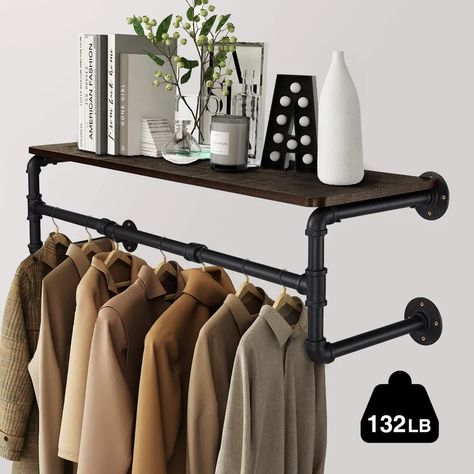 Industrial Pipe Clothing Rack, Wall Mounted Wood Shelves, Hanging Clothes Rack, Pipe Clothes Rack, Aesthetic Frame, Hanging Clothes Racks, Industrial Aesthetic, Urban Sophistication, Garment Rack