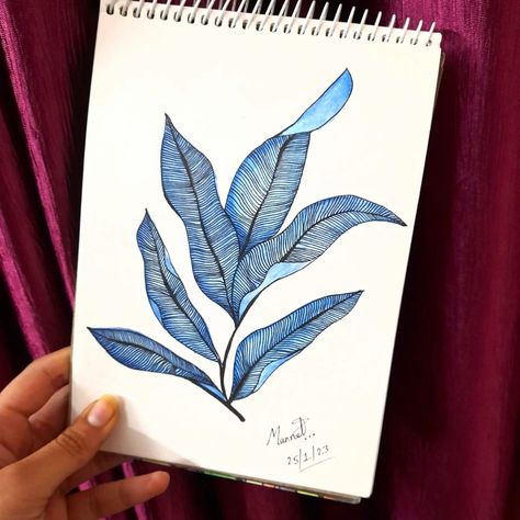 Staedler watercolor pencils doodle pen art . Easy watercolor painting ideas . Blue leaf drawing . Leaf art refrence Blue Pen Drawing Easy, Art Easy Watercolor, Pen Art Easy, Painting Ideas Blue, Easy Watercolor Painting Ideas, Drawing Leaf, Doodle Pen, Gel Pen Art, Easy Watercolor Painting